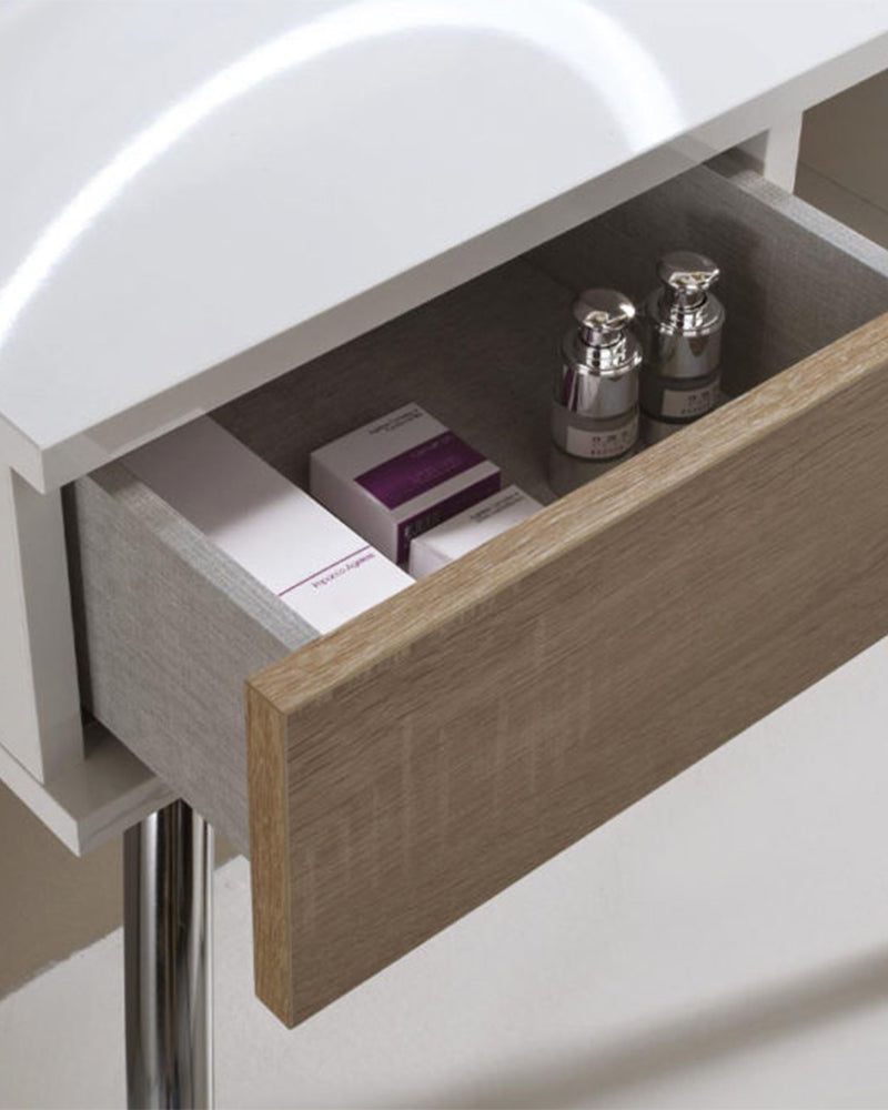 Make-up - White wall unit with drawers in oak pattern - Chrome legs