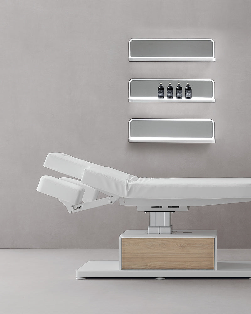 The Ben - White massage treatment table with oak pattern details - with motor - with adjustable armrests