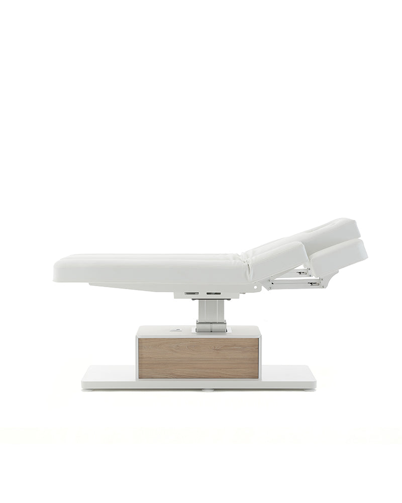 The Ben - White massage treatment table with oak pattern details - with motor - with adjustable armrests