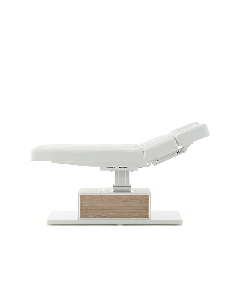 The Ben - White massage treatment table with oak pattern details - with motor - with adjustable armrests