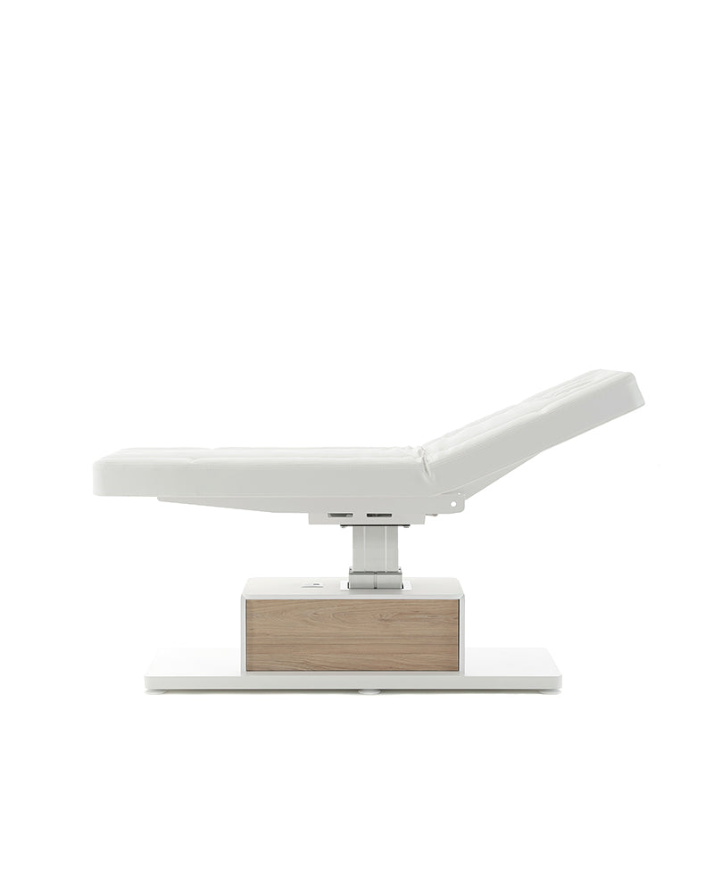 The Ben - White massage treatment table with oak pattern details - with motor - without armrests