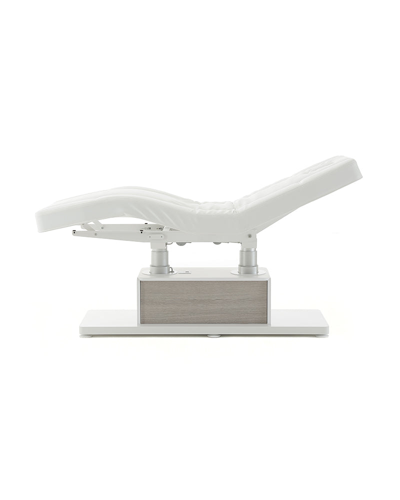 The Clair - White massage treatment table with gray oak pattern details - with motor - without armrests
