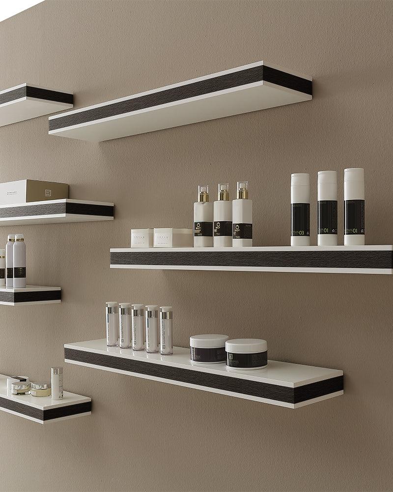 Stratos - White sales shelf - Edge in wengé wood pattern