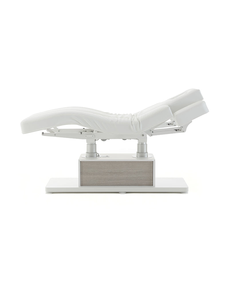 The Clair - White massage treatment table with gray oak pattern details - with motor - with adjustable armrests