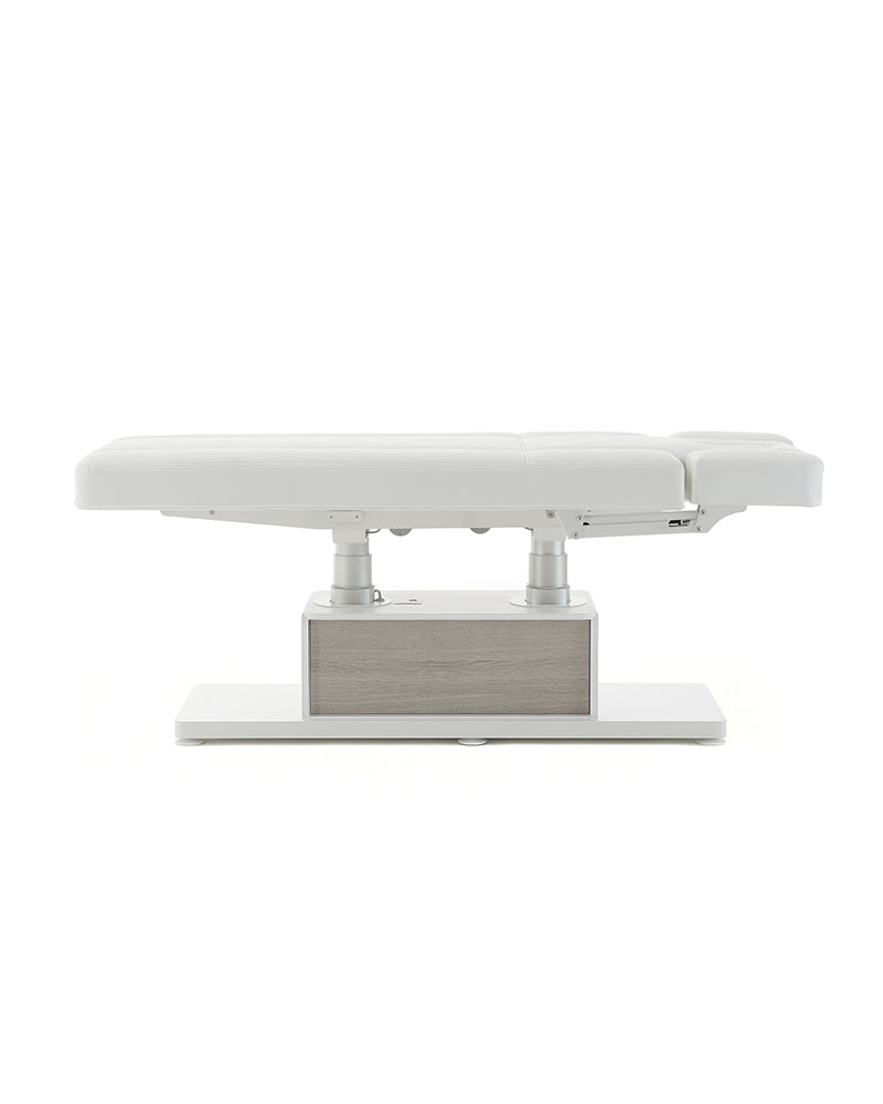 The Clair - White massage treatment table with gray oak pattern details - with motor - with adjustable armrests