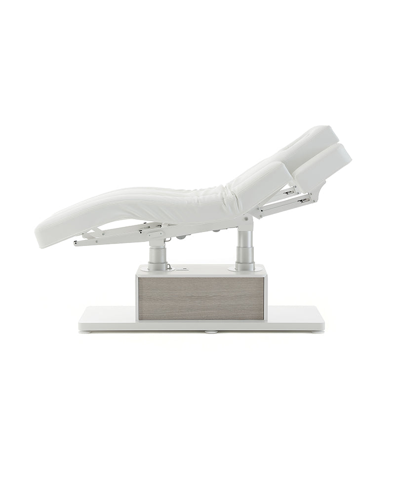 The Clair - White massage treatment table with gray oak pattern details - with motor - with adjustable armrests
