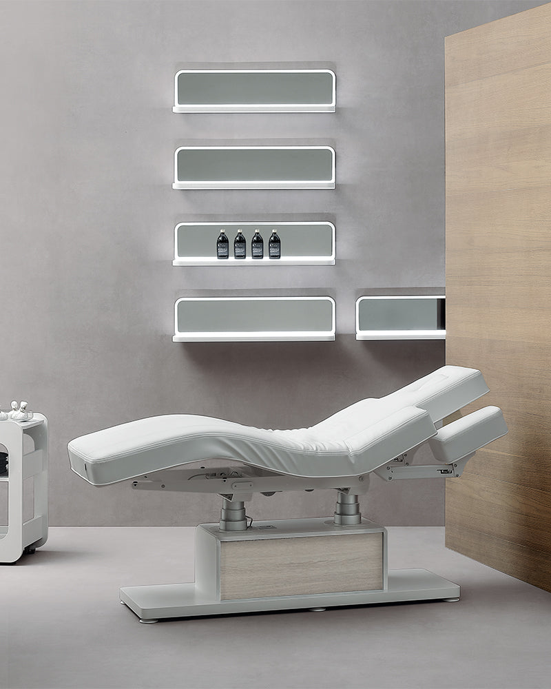 The Clair - White massage treatment table with gray oak pattern details - with motor - with adjustable armrests
