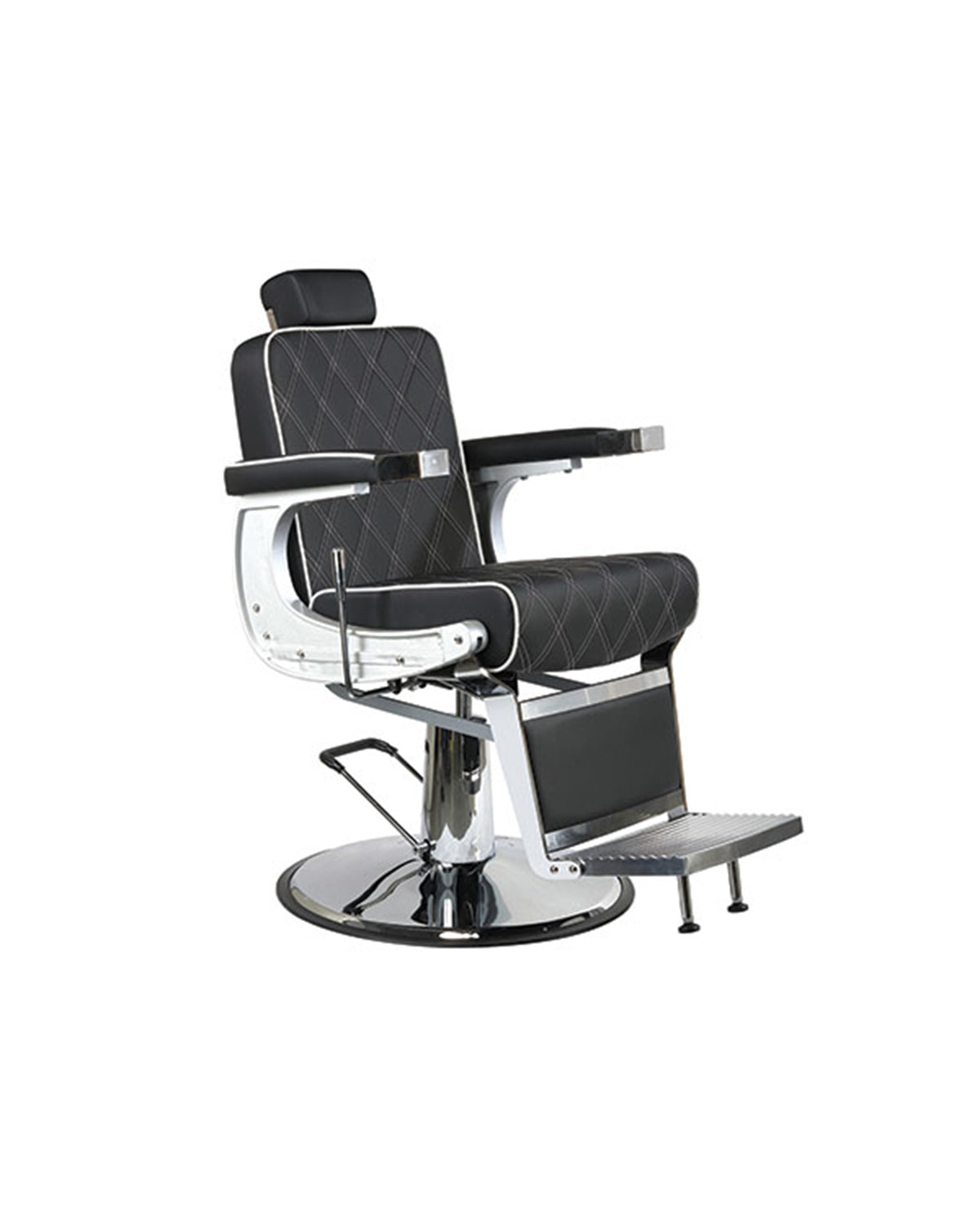 Karl - Black barber chair with white piping and chrome round base