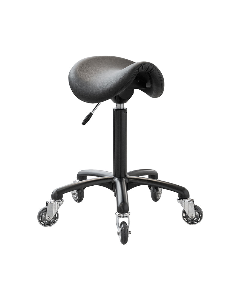 Stella - black saddle stool with black cover and roller wheels