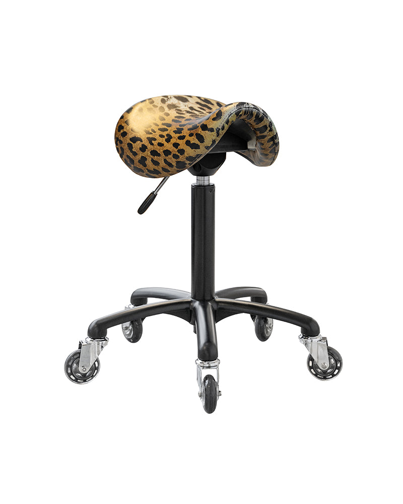 Stella - black saddle stool with leopard upholstery and roller wheels