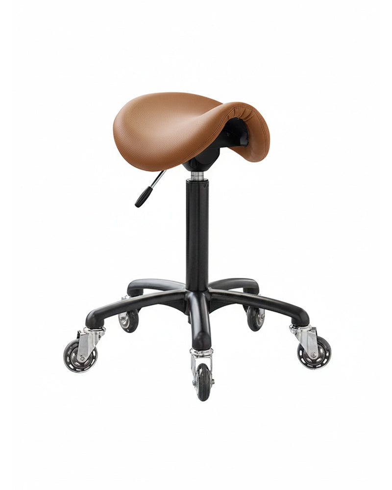 Stella - black saddle stool with brown upholstery and roller wheels
